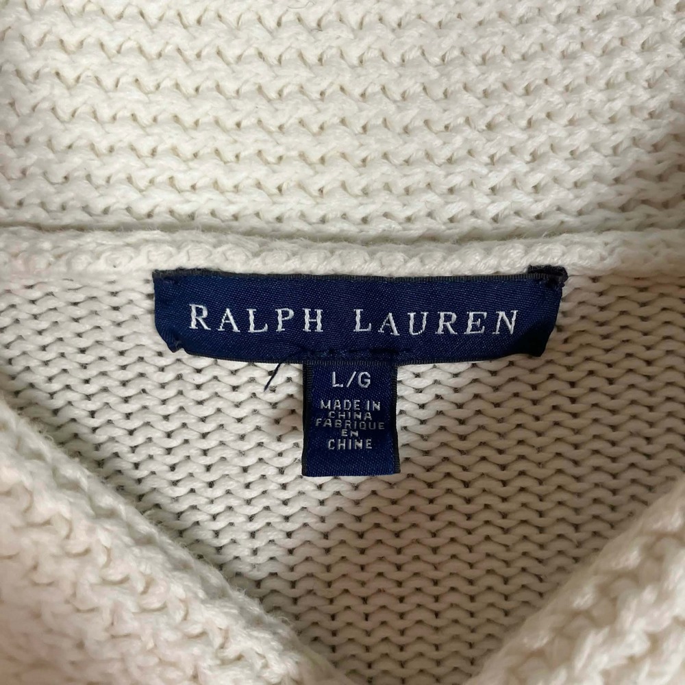 Vintage Ralph Lauren Shawl Neck Sweater Womens L White Cotton Knit Pony Logo - Picture 3 of 13